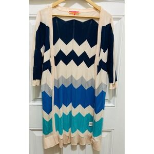 Vilagallo Zig‎ Zag Chevron Long Cardigan Sweater Cream Navy Blue Teal Size S